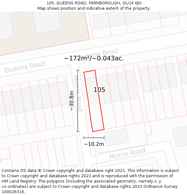 105, QUEENS ROAD, FARNBOROUGH, GU14 6JN: Plot and title map