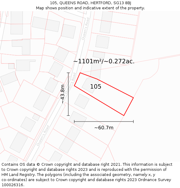 105, QUEENS ROAD, HERTFORD, SG13 8BJ: Plot and title map