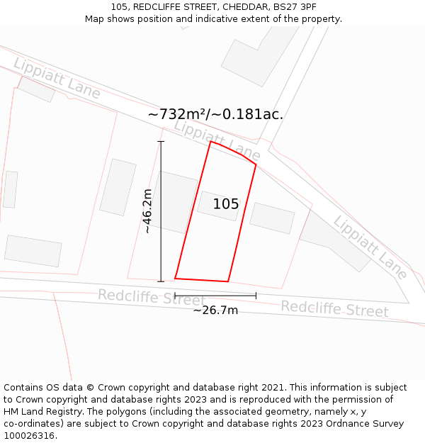 105, REDCLIFFE STREET, CHEDDAR, BS27 3PF: Plot and title map