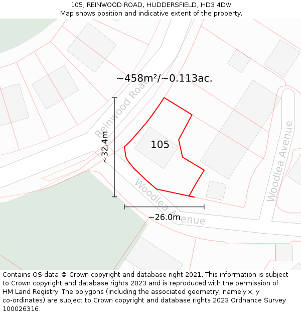 105, REINWOOD ROAD, HUDDERSFIELD, HD3 4DW: Plot and title map