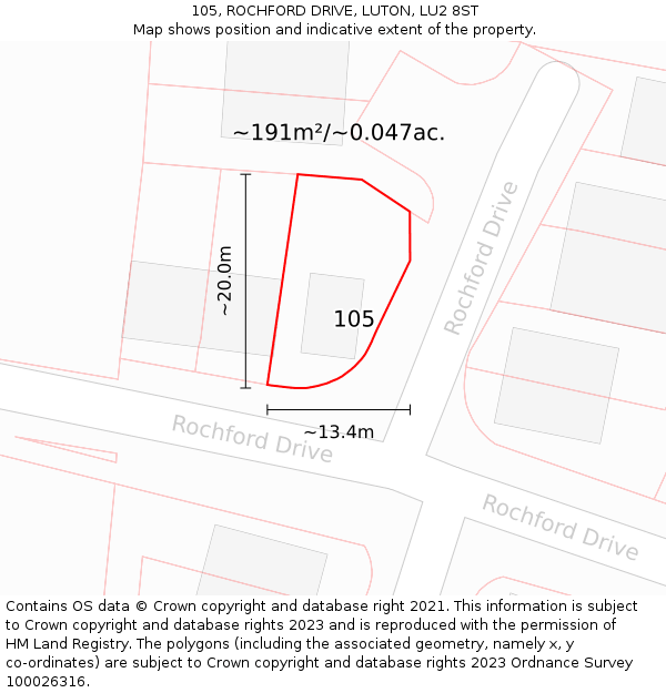 105, ROCHFORD DRIVE, LUTON, LU2 8ST: Plot and title map