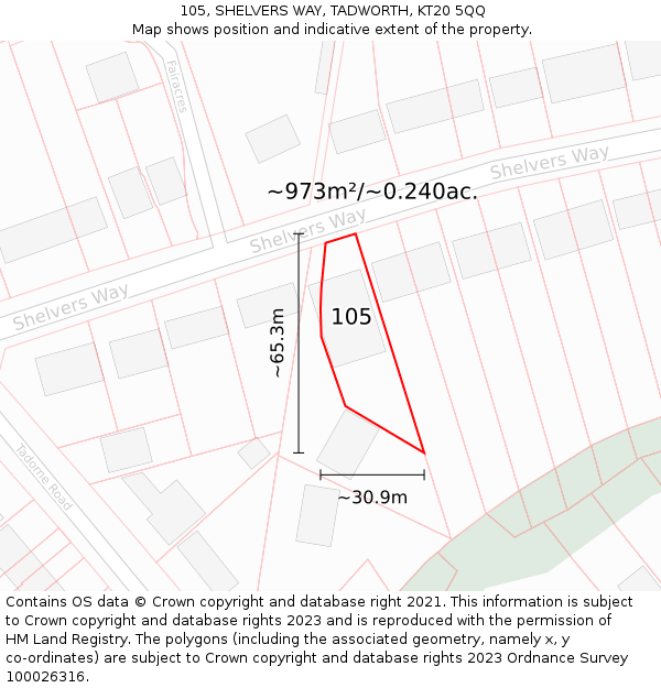 105, SHELVERS WAY, TADWORTH, KT20 5QQ: Plot and title map