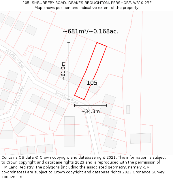 105, SHRUBBERY ROAD, DRAKES BROUGHTON, PERSHORE, WR10 2BE: Plot and title map