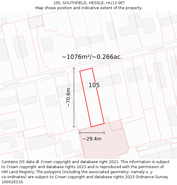 105, SOUTHFIELD, HESSLE, HU13 0ET: Plot and title map