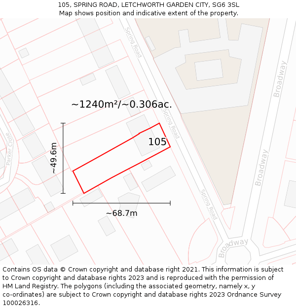 105, SPRING ROAD, LETCHWORTH GARDEN CITY, SG6 3SL: Plot and title map