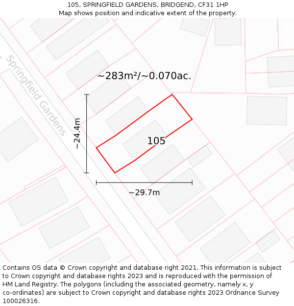 105, SPRINGFIELD GARDENS, BRIDGEND, CF31 1HP: Plot and title map