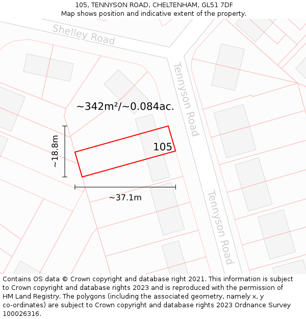 105, TENNYSON ROAD, CHELTENHAM, GL51 7DF: Plot and title map