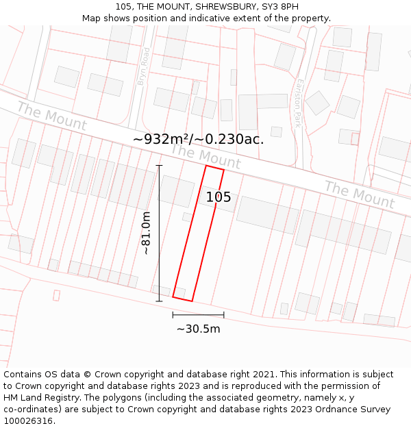 105, THE MOUNT, SHREWSBURY, SY3 8PH: Plot and title map