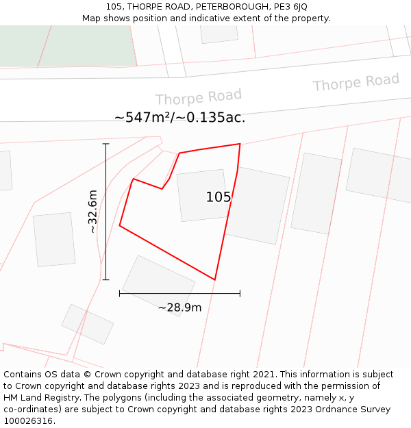 105, THORPE ROAD, PETERBOROUGH, PE3 6JQ: Plot and title map