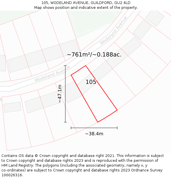 105, WODELAND AVENUE, GUILDFORD, GU2 4LD: Plot and title map