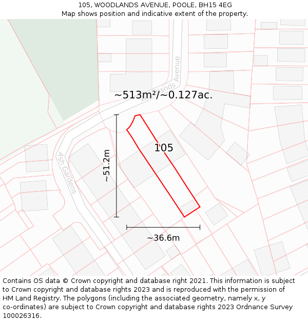 105, WOODLANDS AVENUE, POOLE, BH15 4EG: Plot and title map