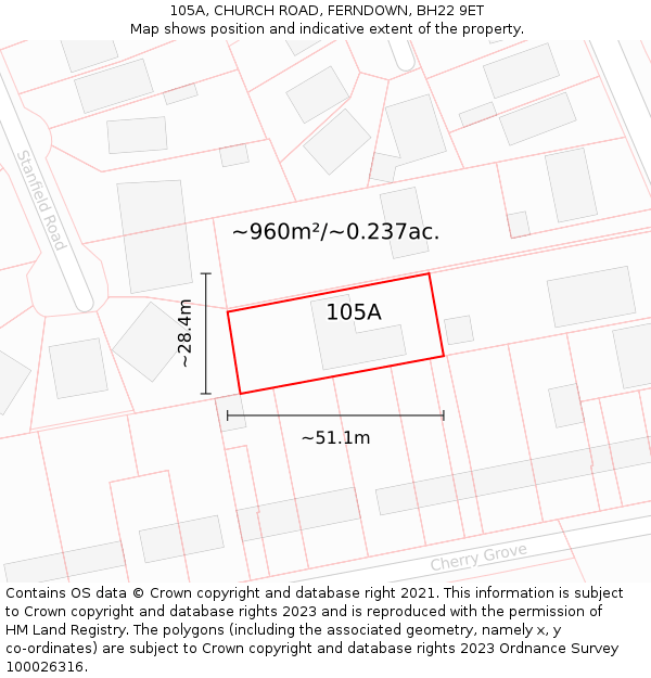 105A, CHURCH ROAD, FERNDOWN, BH22 9ET: Plot and title map