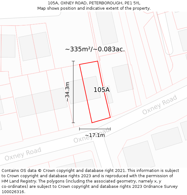 105A, OXNEY ROAD, PETERBOROUGH, PE1 5YL: Plot and title map