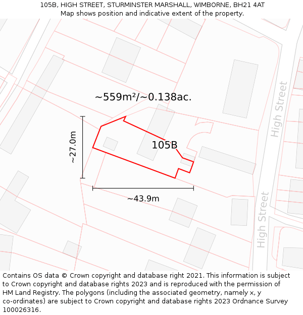 105B, HIGH STREET, STURMINSTER MARSHALL, WIMBORNE, BH21 4AT: Plot and title map