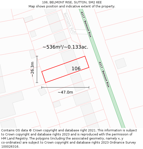 106, BELMONT RISE, SUTTON, SM2 6EE: Plot and title map