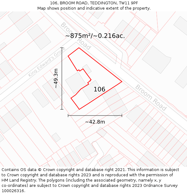 106, BROOM ROAD, TEDDINGTON, TW11 9PF: Plot and title map