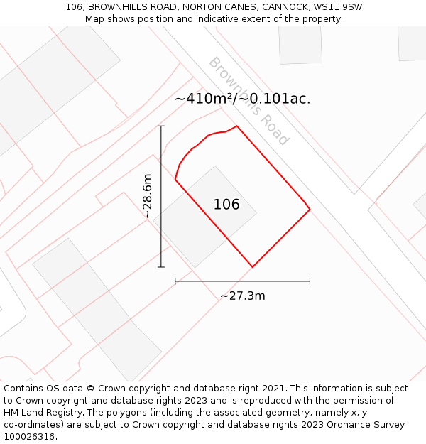 106, BROWNHILLS ROAD, NORTON CANES, CANNOCK, WS11 9SW: Plot and title map