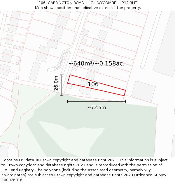 106, CARRINGTON ROAD, HIGH WYCOMBE, HP12 3HT: Plot and title map