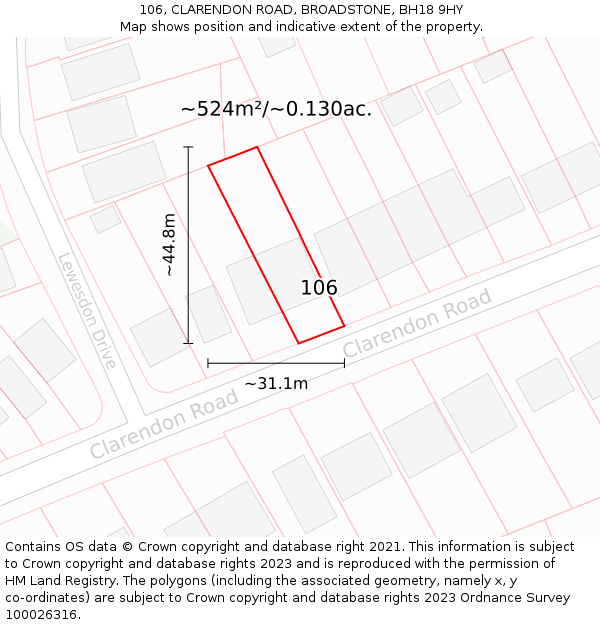 106, CLARENDON ROAD, BROADSTONE, BH18 9HY: Plot and title map