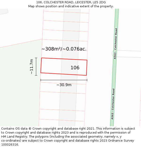 106, COLCHESTER ROAD, LEICESTER, LE5 2DG: Plot and title map