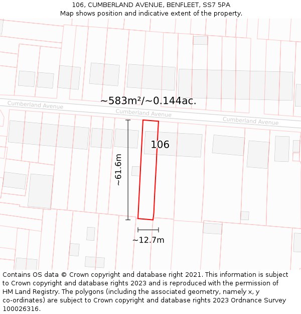 106, CUMBERLAND AVENUE, BENFLEET, SS7 5PA: Plot and title map