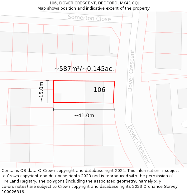 106, DOVER CRESCENT, BEDFORD, MK41 8QJ: Plot and title map