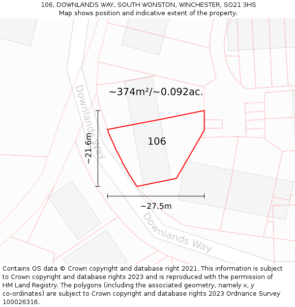 106, DOWNLANDS WAY, SOUTH WONSTON, WINCHESTER, SO21 3HS: Plot and title map