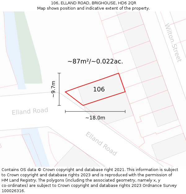 106, ELLAND ROAD, BRIGHOUSE, HD6 2QR: Plot and title map