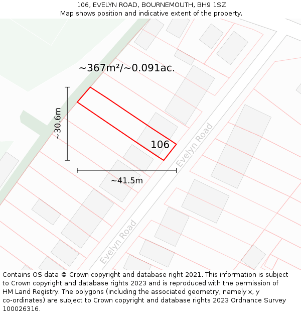 106, EVELYN ROAD, BOURNEMOUTH, BH9 1SZ: Plot and title map