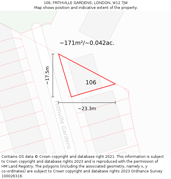 106, FRITHVILLE GARDENS, LONDON, W12 7JW: Plot and title map