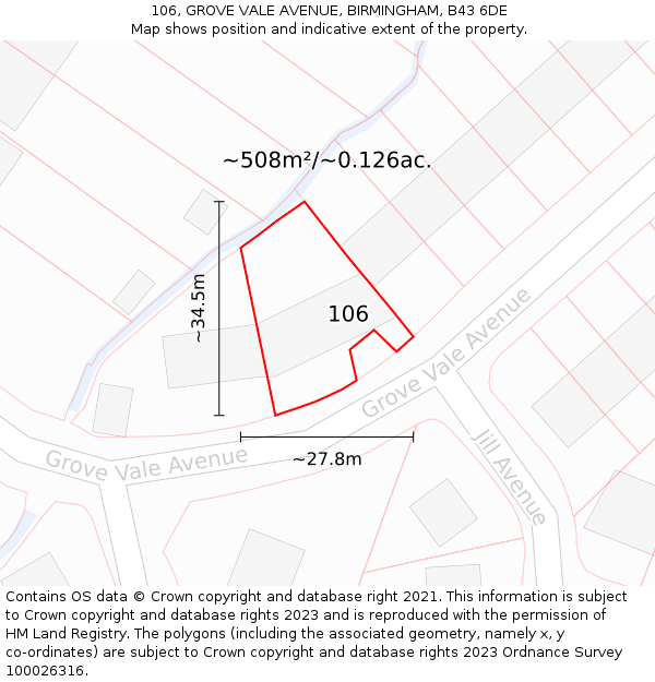 106, GROVE VALE AVENUE, BIRMINGHAM, B43 6DE: Plot and title map