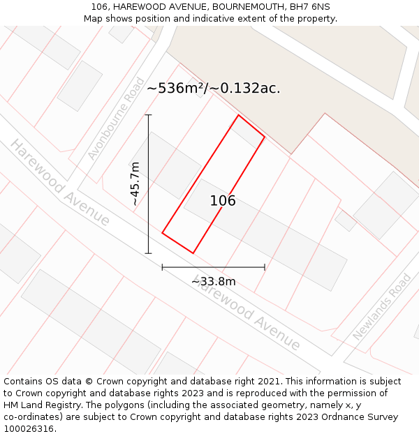 106, HAREWOOD AVENUE, BOURNEMOUTH, BH7 6NS: Plot and title map