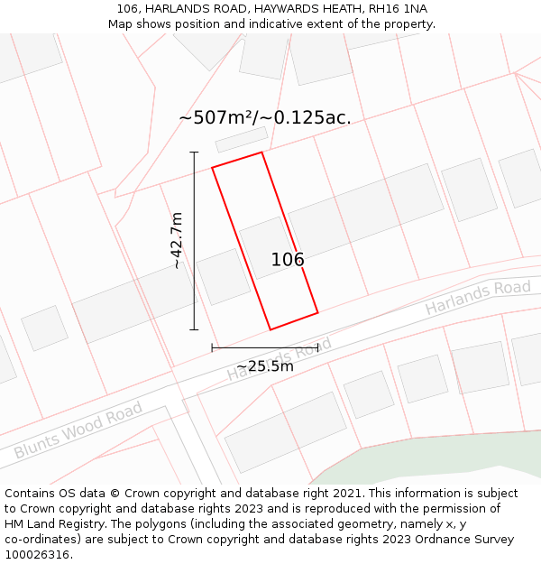 106, HARLANDS ROAD, HAYWARDS HEATH, RH16 1NA: Plot and title map