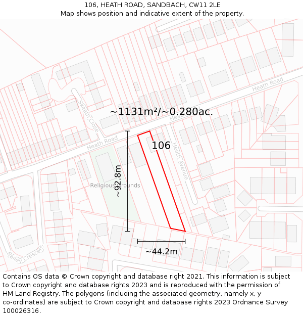 106, HEATH ROAD, SANDBACH, CW11 2LE: Plot and title map