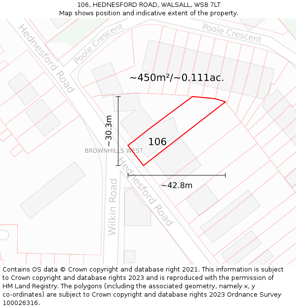 106, HEDNESFORD ROAD, WALSALL, WS8 7LT: Plot and title map