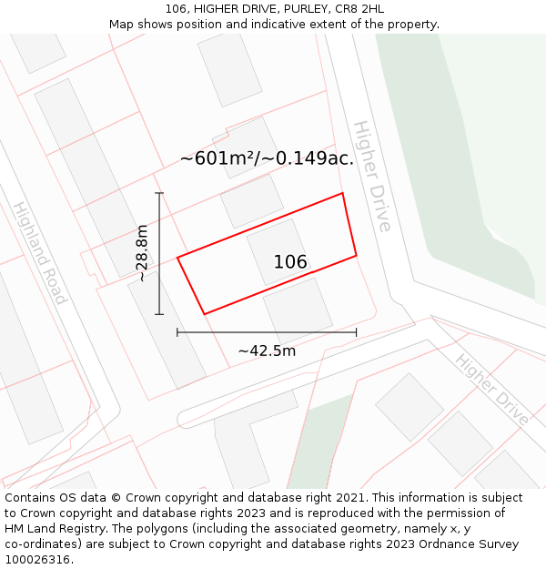 106, HIGHER DRIVE, PURLEY, CR8 2HL: Plot and title map