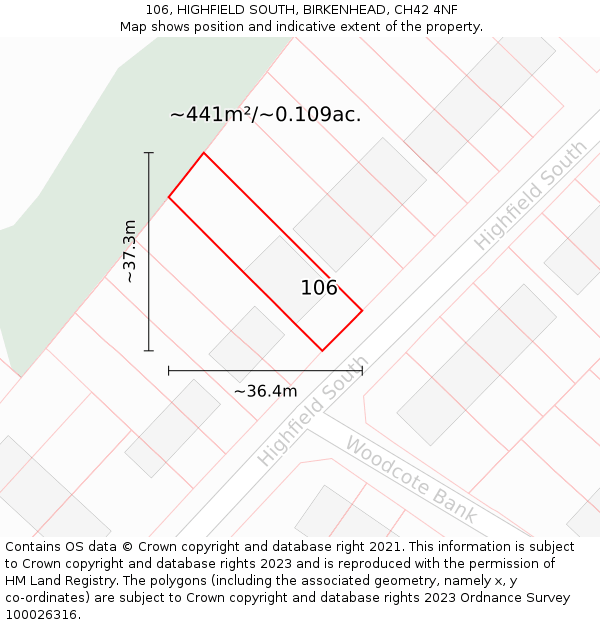 106, HIGHFIELD SOUTH, BIRKENHEAD, CH42 4NF: Plot and title map