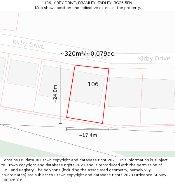 106, KIRBY DRIVE, BRAMLEY, TADLEY, RG26 5FN: Plot and title map