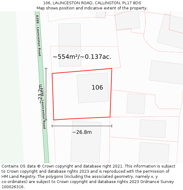 106, LAUNCESTON ROAD, CALLINGTON, PL17 8DS: Plot and title map