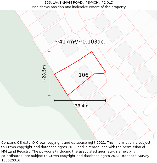106, LAVENHAM ROAD, IPSWICH, IP2 0LD: Plot and title map