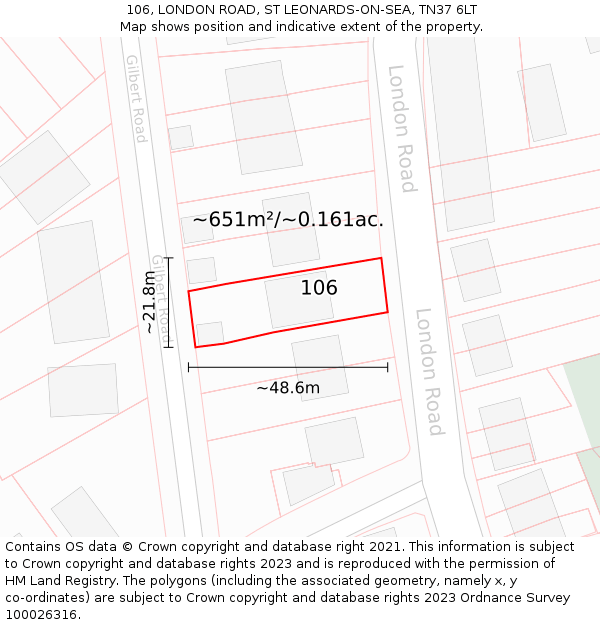 106, LONDON ROAD, ST LEONARDS-ON-SEA, TN37 6LT: Plot and title map