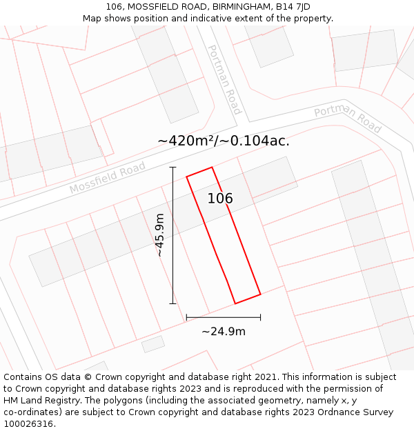 106, MOSSFIELD ROAD, BIRMINGHAM, B14 7JD: Plot and title map