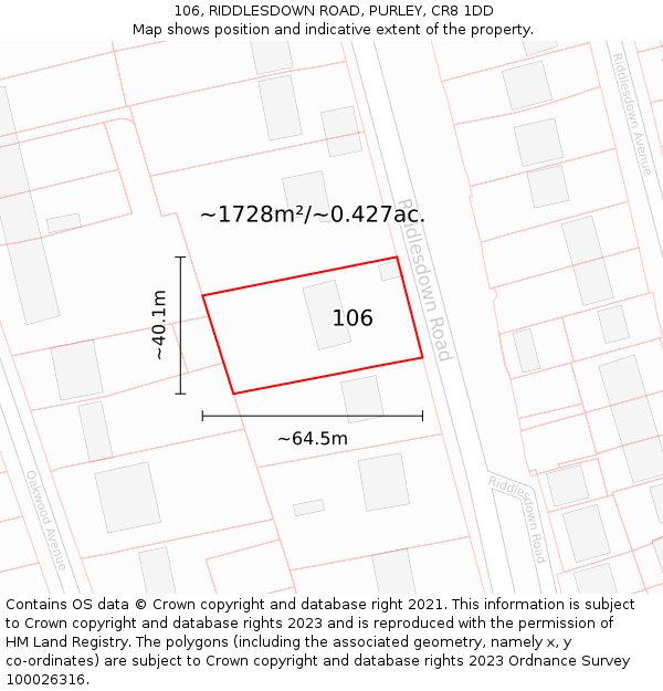 106, RIDDLESDOWN ROAD, PURLEY, CR8 1DD: Plot and title map