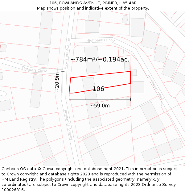 106, ROWLANDS AVENUE, PINNER, HA5 4AP: Plot and title map