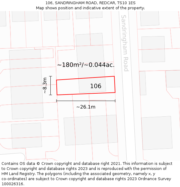 106, SANDRINGHAM ROAD, REDCAR, TS10 1ES: Plot and title map