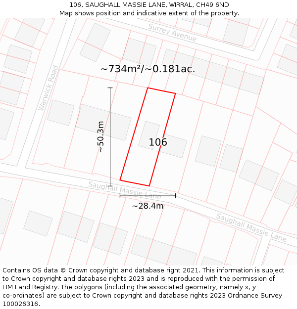 106, SAUGHALL MASSIE LANE, WIRRAL, CH49 6ND: Plot and title map