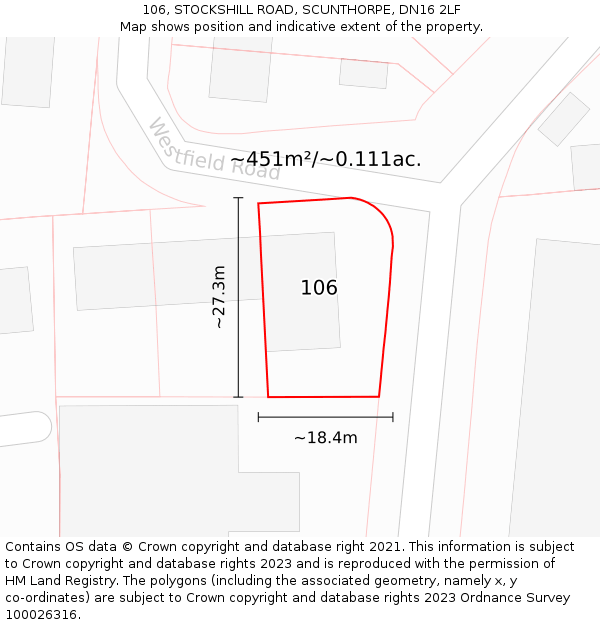 106, STOCKSHILL ROAD, SCUNTHORPE, DN16 2LF: Plot and title map