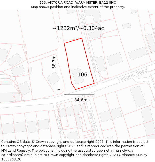 106, VICTORIA ROAD, WARMINSTER, BA12 8HQ: Plot and title map