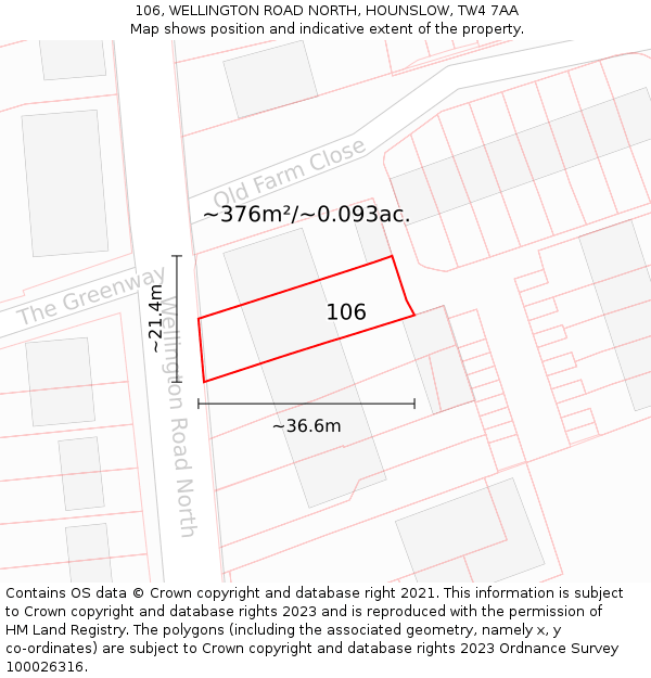 106, WELLINGTON ROAD NORTH, HOUNSLOW, TW4 7AA: Plot and title map