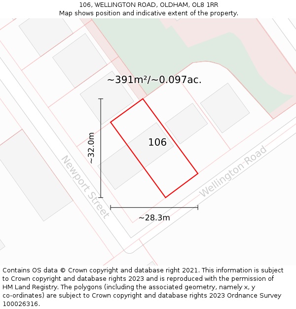 106, WELLINGTON ROAD, OLDHAM, OL8 1RR: Plot and title map